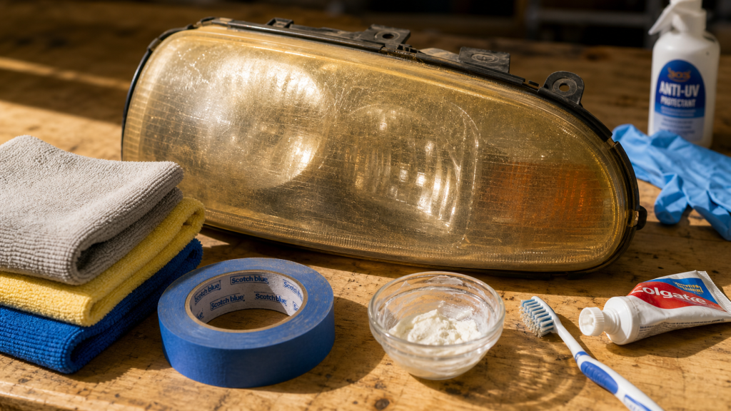 Astuce de grand-mère pour nettoyer les phares de voiture : phare jauni au polycarbonate