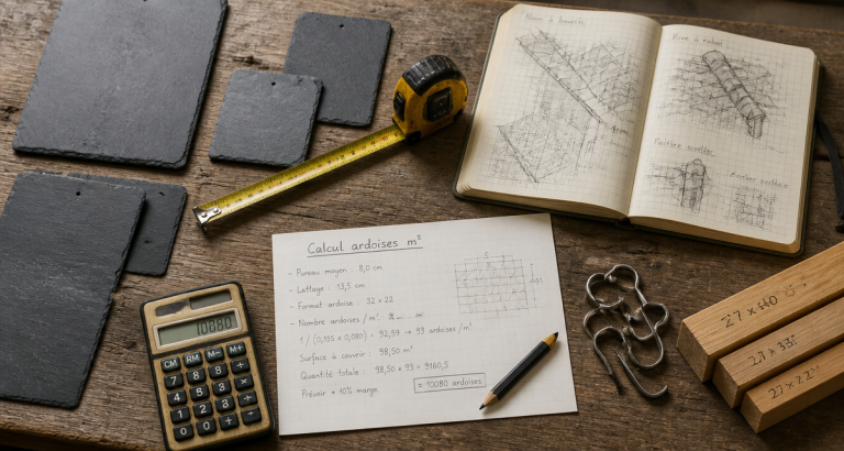 Calcul ardoise au m2 sur bureau d'artisan