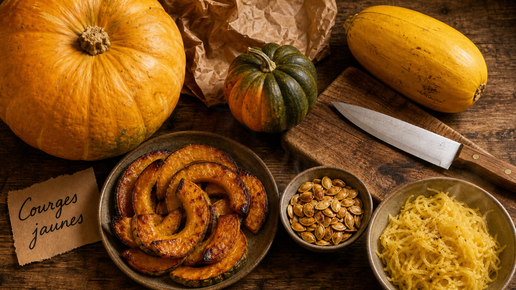 Courges jaunes : potiron, glandée et spaghetti sur une table