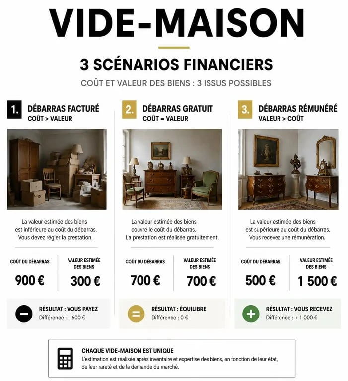 Infographie des options financières pour un service de vide maison 65 : débarras facturé, gratuit ou rémunéré.