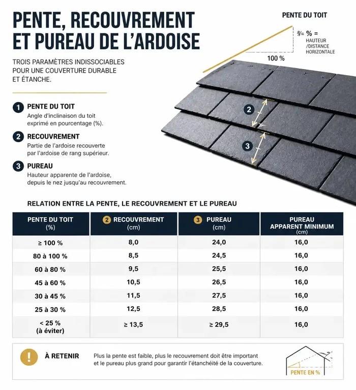 Schéma explicatif du calcul de l'ardoise au m2 en fonction de la pente et du recouvrement