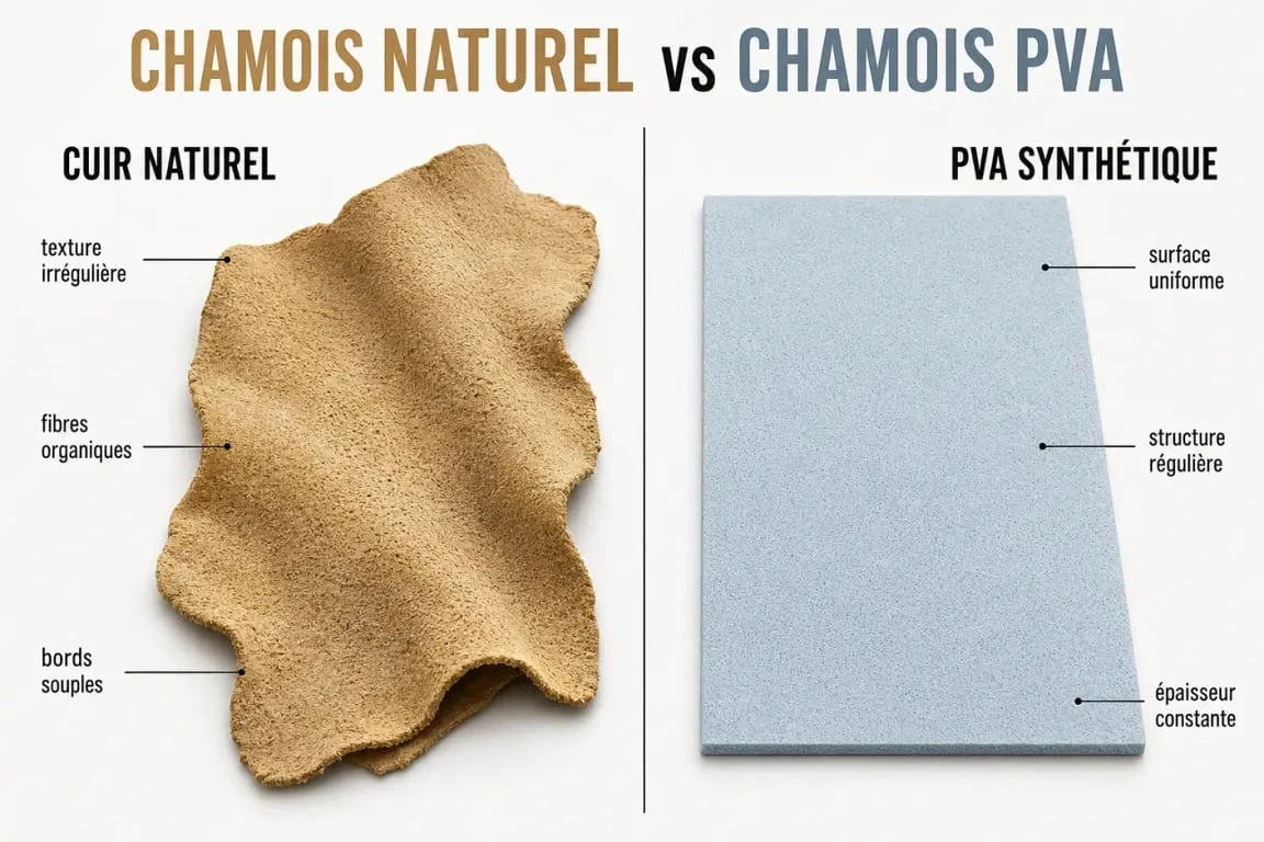 Comparatif visuel entre la peau de chamois naturelle et la peau de chamois synthétique pour l'entretien auto et ménager