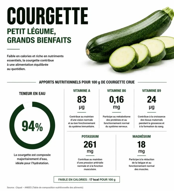 Infographie sur les bienfaits nutritionnels et les vitamines de la courgette de saison
