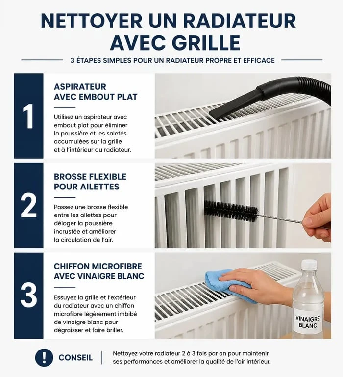 Infographie des étapes pour nettoyer un radiateur avec grille efficacement