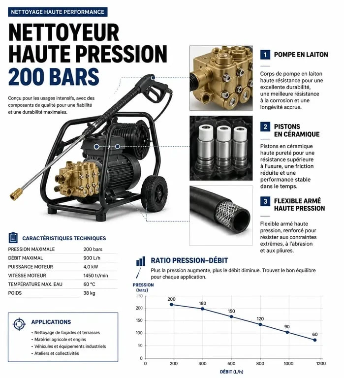 Schéma technique des composants d'un nettoyeur haute pression 200 bars pour un nettoyage intensif