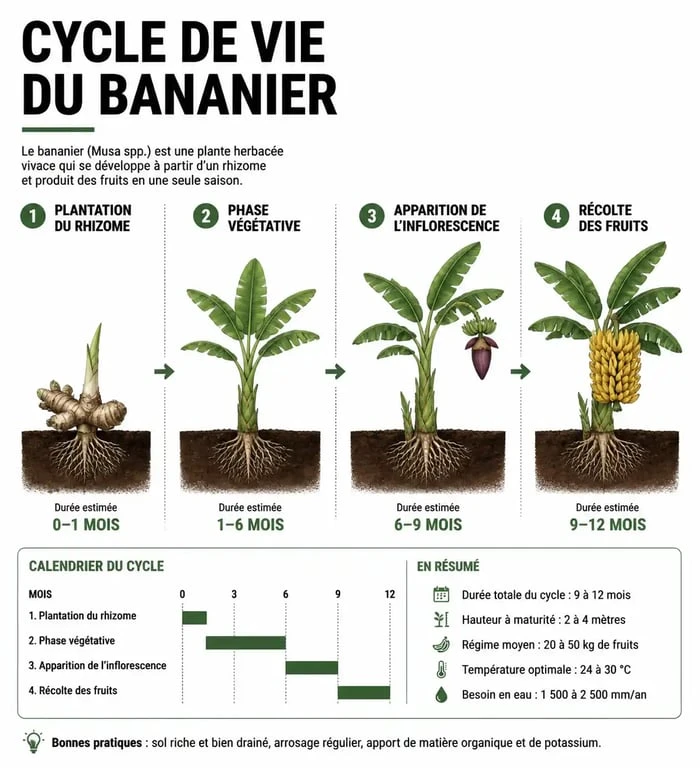 Schéma du cycle de vie du bananier : étapes de croissance de la plantation à la récolte des fruits
