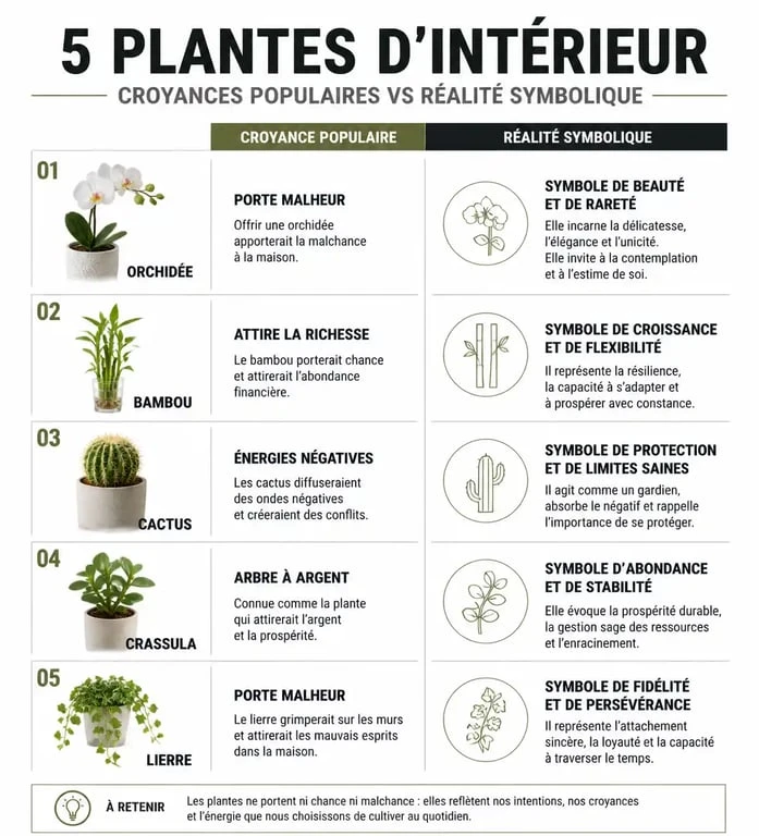 Infographie comparant les croyances populaires sur les plantes d'intérieur : offrir une orchidée porte-t-il malheur ?