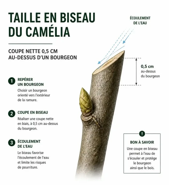Schéma explicatif de la technique de taille en biseau pour camélia