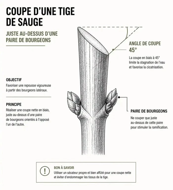 Schéma explicatif montrant comment tailler les sauges arbustives au-dessus d'un bourgeon pour favoriser la repousse.