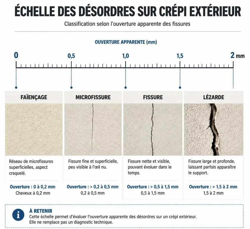 Échelle de mesure des fissures et microfissures sur crépi extérieur pour diagnostic de façade