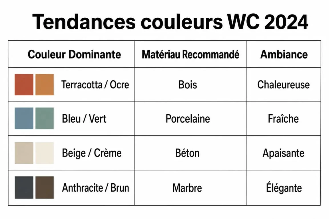 Infographie des tendances couleur WC 2024 associant teintes, matériaux et ambiances pour une décoration moderne.