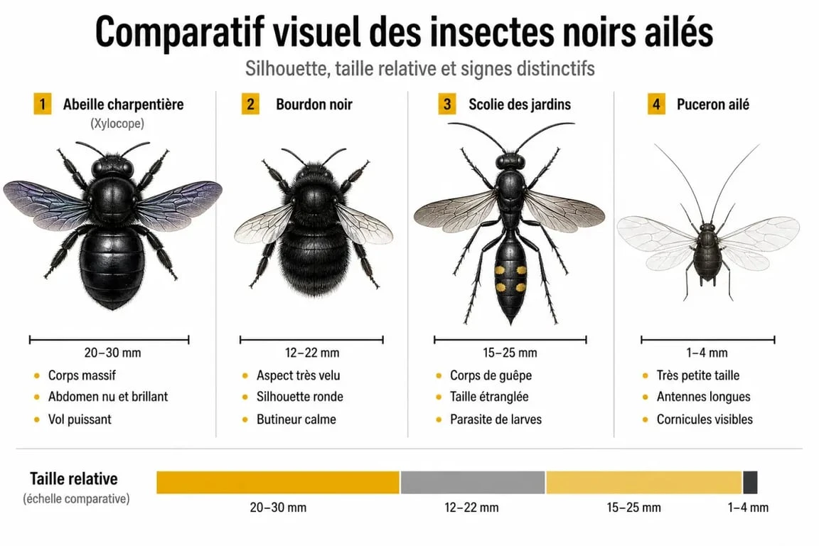 Comparatif visuel des insectes volants noirs : xylocope, bourdon, scolie et puceron