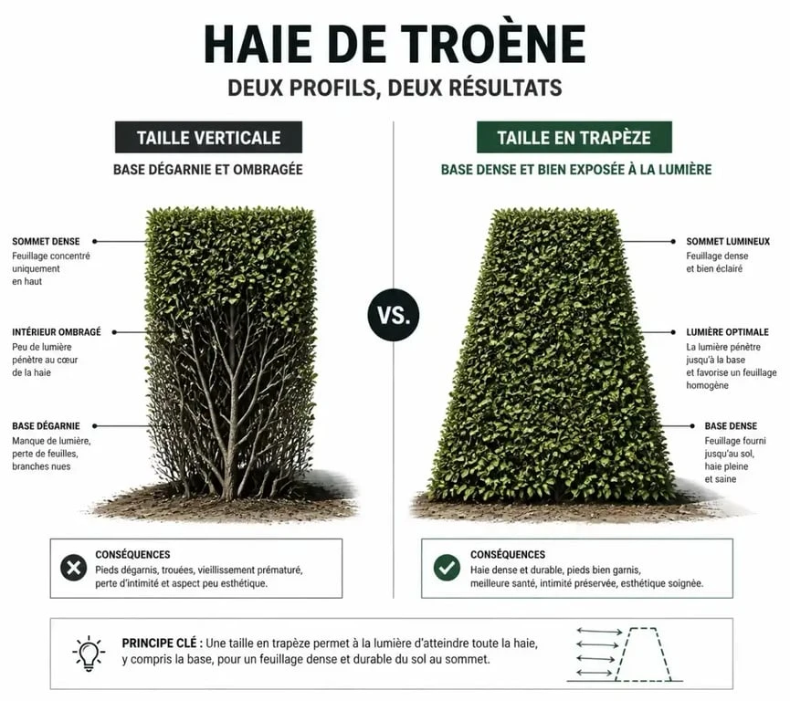 Schéma comparatif de taille de haie de troène : taille verticale vs taille en trapèze pour éviter un troène dégarni en bas