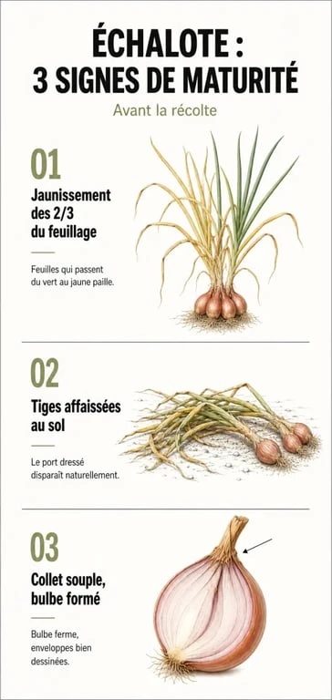 Infographie illustrant les signes de maturité pour savoir quand récolter les échalotes au jardin