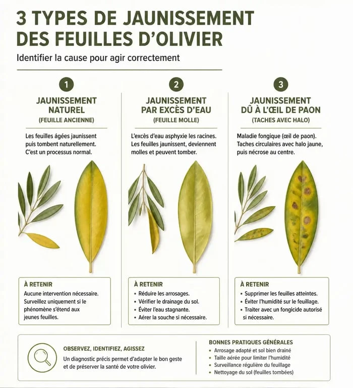 Infographie diagnostique pour identifier les causes du jaunissement des feuilles d'olivier : naturel, arrosage ou maladie.