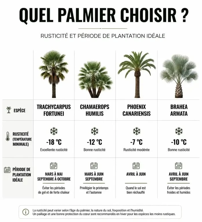 Tableau comparatif des espèces de palmiers : rusticité et période idéale pour planter un palmier