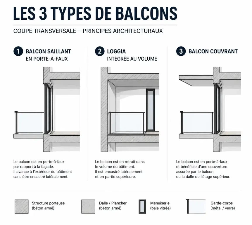 Schéma comparatif des différents types de balcons : balcon saillant, loggia et balcon couvrant en architecture