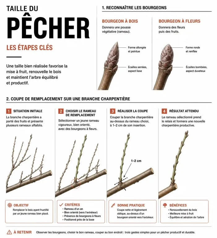 Schéma explicatif des étapes de la taille d'un pêcher pour une fructification optimale