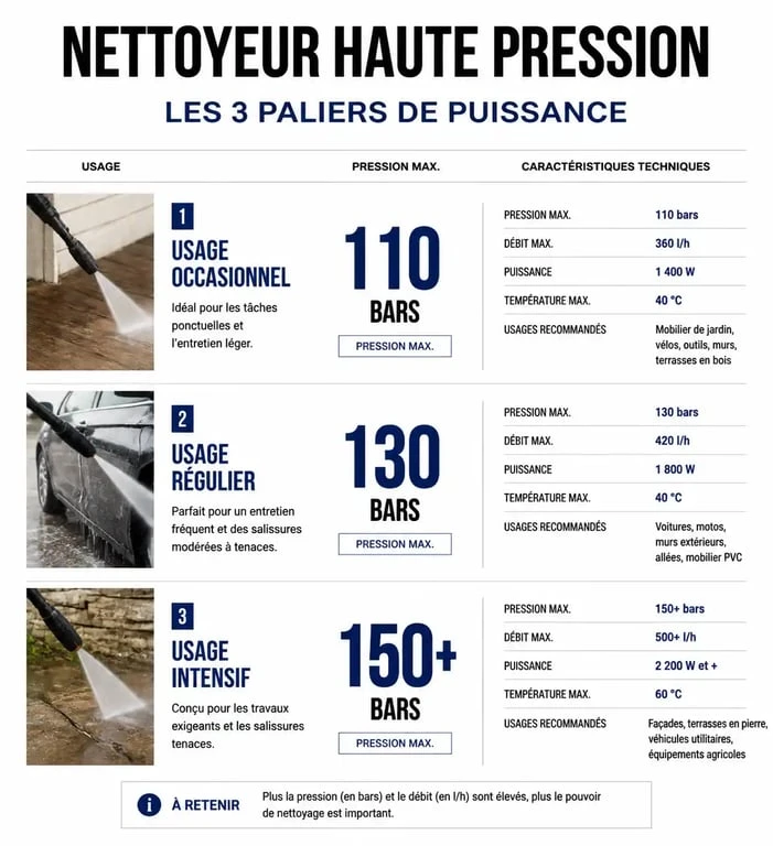 Infographie comparative de la puissance d'un nettoyeur haute pression Karcher selon l'usage