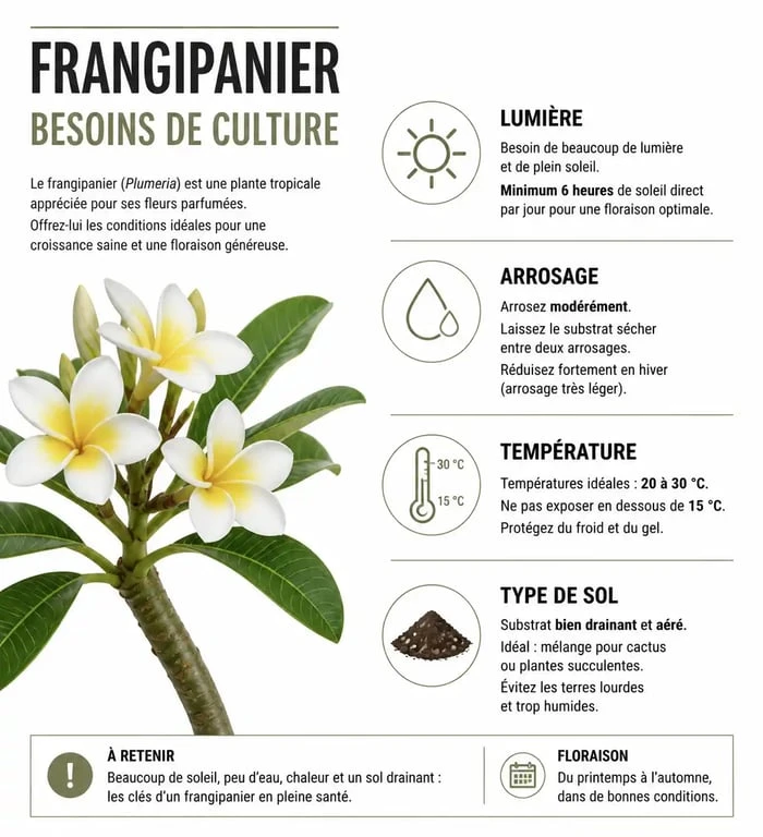 Infographie des besoins de culture et entretien des fleurs de frangipanier