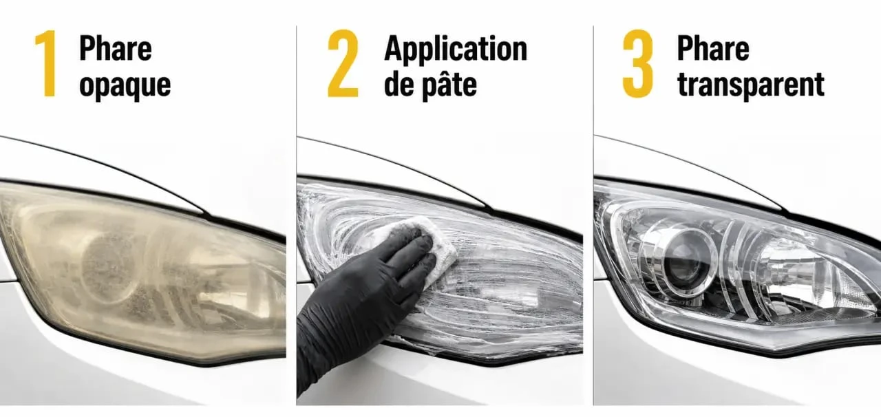 Étapes de nettoyage d'un phare de voiture jauni avec une astuce de grand-mère pour retrouver la transparence.