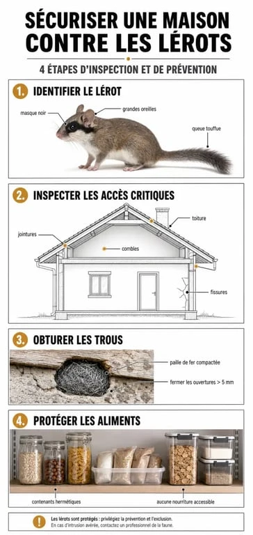 Étapes pour se débarrasser d'un lérot dans la maison : identification, inspection des accès et sécurisation du bâtiment.