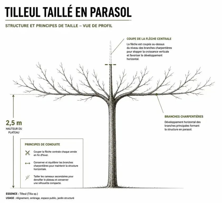 Schéma de taille d'un tilleul en parasol montrant la structure des branches horizontales