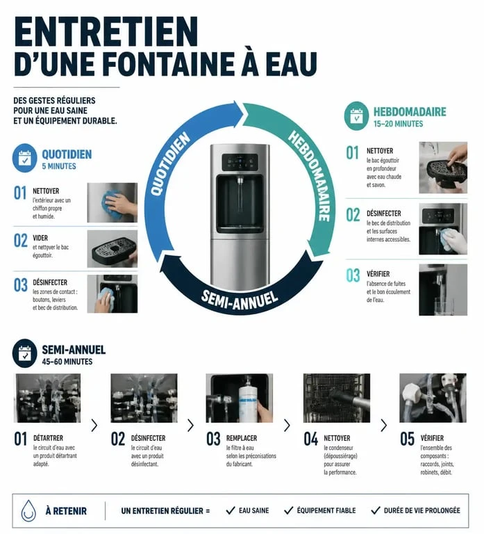 Infographie des étapes d'entretien d'une fontaine à eau pour garantir l'hygiène