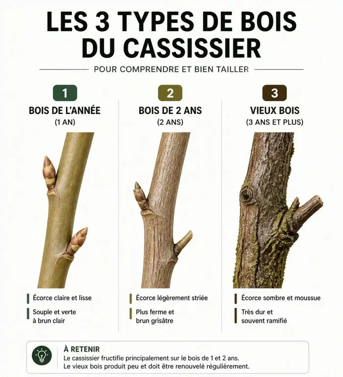 Infographie illustrant comment identifier les différents types de bois pour tailler les cassissiers