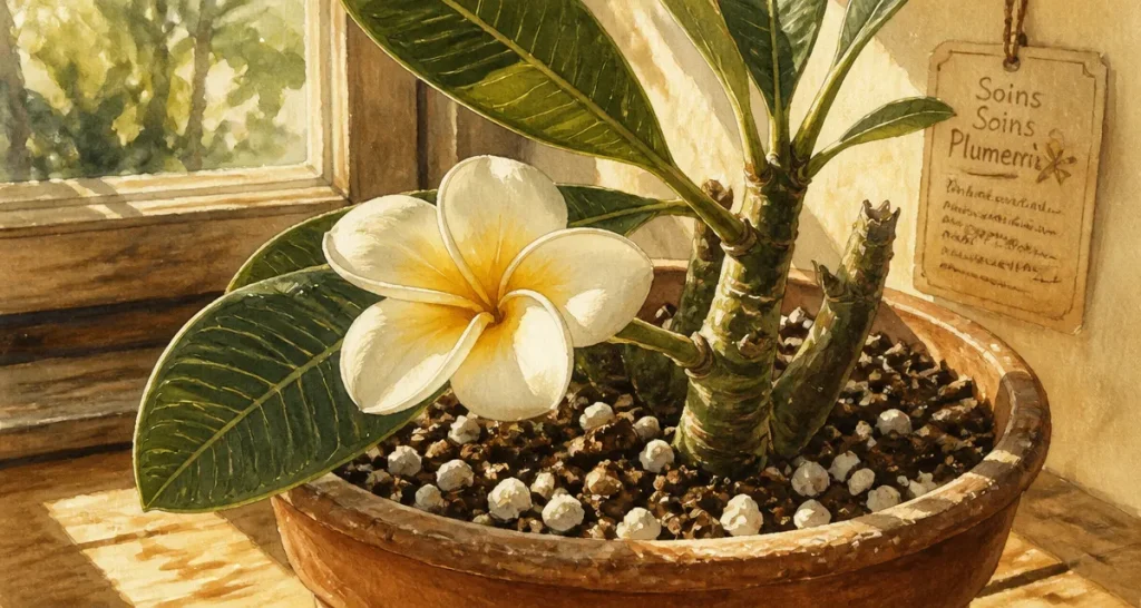 Fleurs frangipanier en pot : frangipanier et fleurs blanches