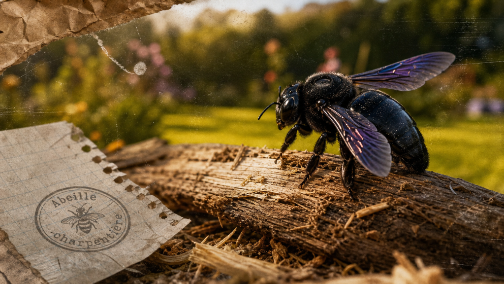 Insecte volant noir : xylocope violet sur bois mort
