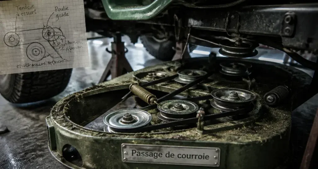 Montage courroie sur tracteur tondeuse : courroie neuve entre poulies et tendeur