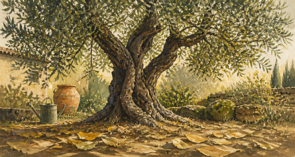 olivier feuille jaune sous un arbre mature