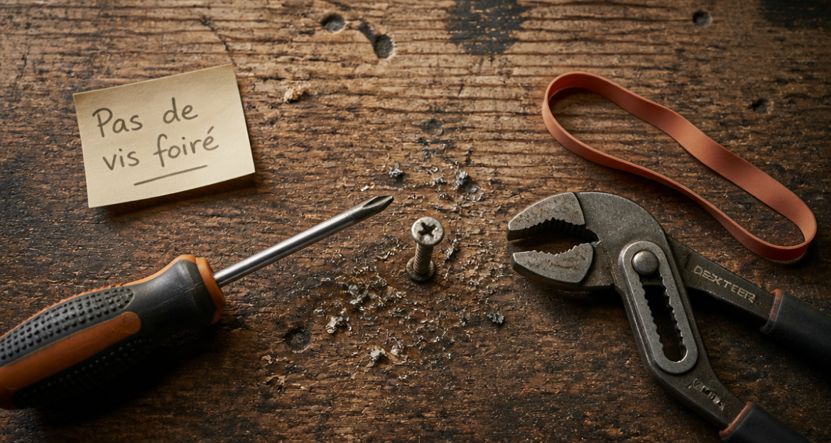 Pas de vis foiré : 4 méthodes pour extraire une vis bloquée sans tout abîmer Pas de visse foiré sur établi, outils extraction