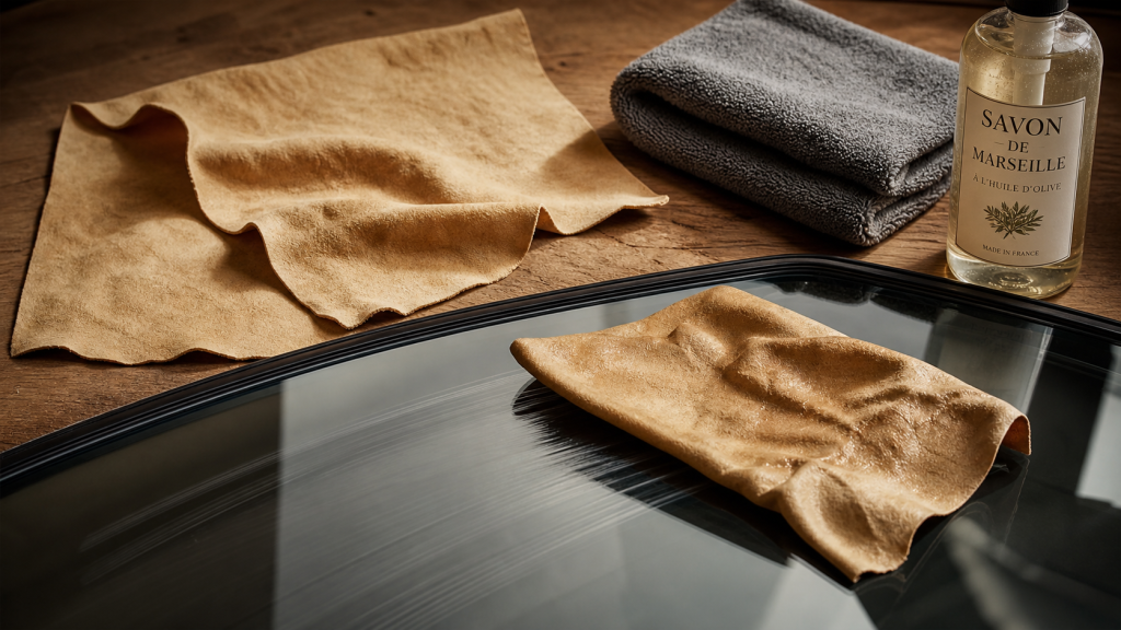 Peau de chamois pour nettoyer et finir la vitre de voiture