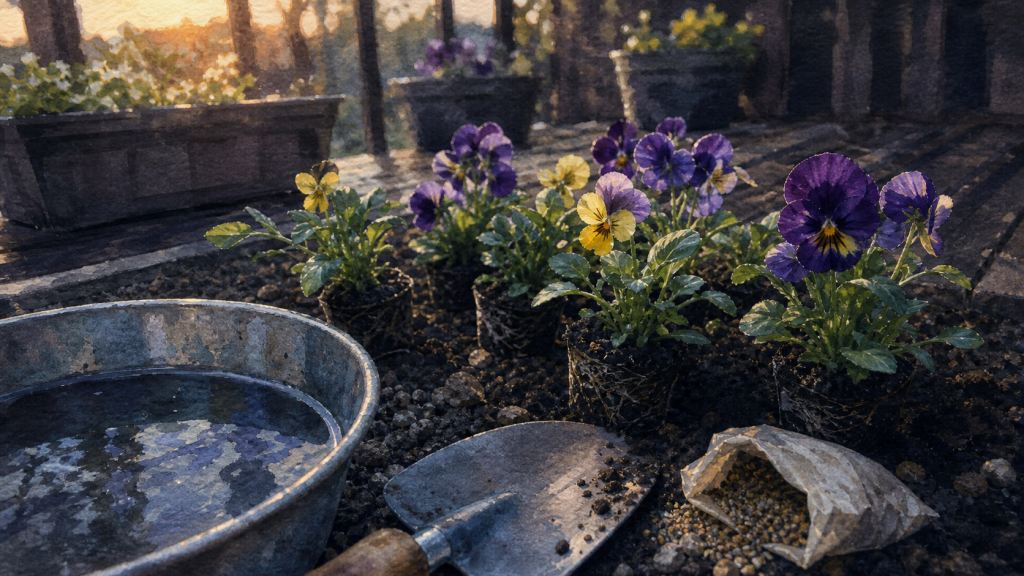 Quand planter des pensées : massif de pensées violettes et jaunes