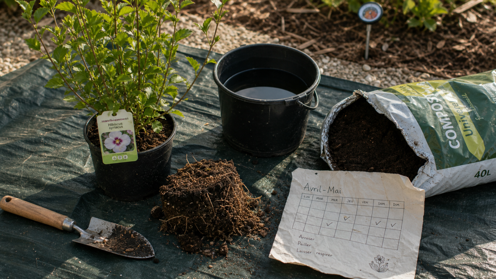 Quand planter un hibiscus en pleine terre, avril-mai : hibiscus en pot, pelle, compost