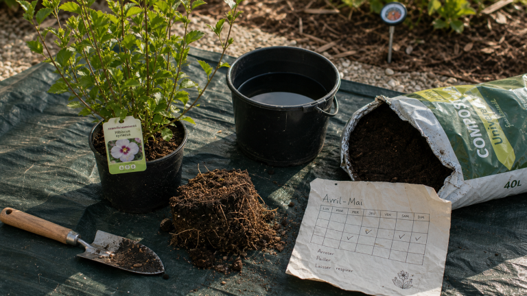 Quand planter un hibiscus en pleine terre, avril-mai : hibiscus en pot, pelle, compost