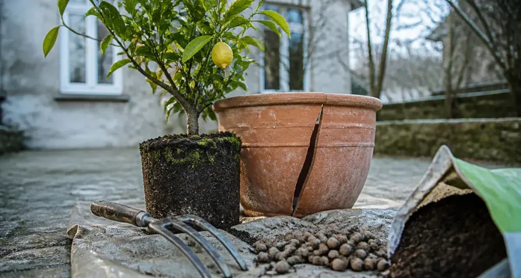 Quand rempoter citronnier : motte humide, terreau agrumes et argile en pot