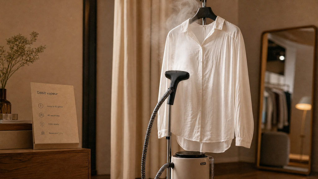 Quel défroisseur choisir ? Défroisseur vapeur vertical sur chemisier en coton