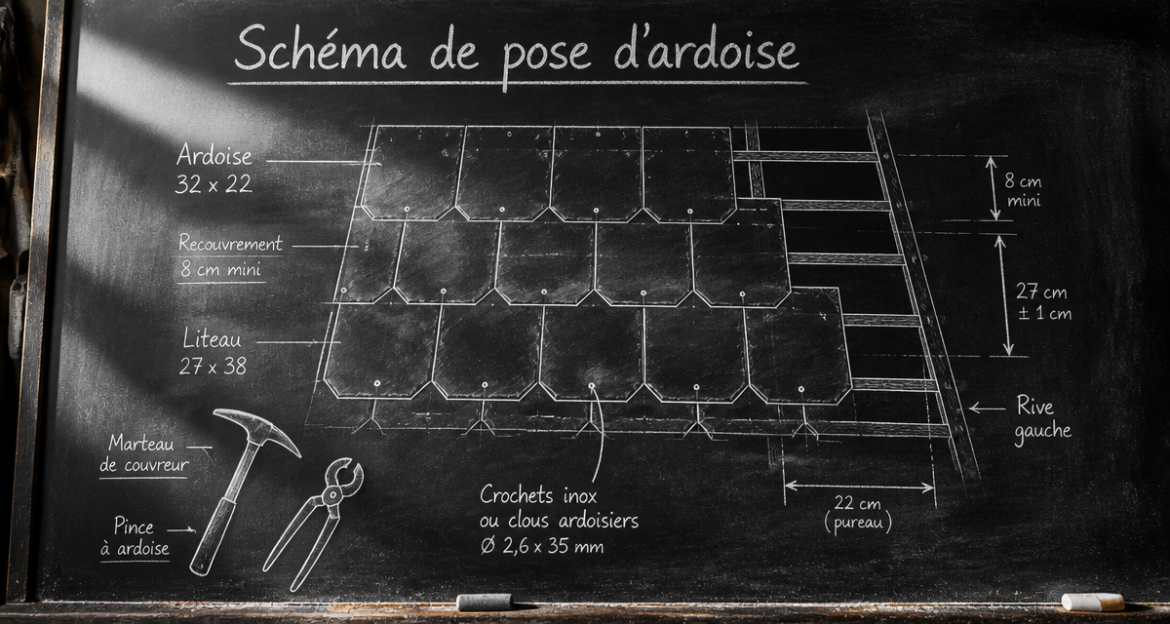 Schéma de pose d’ardoise : 3 règles d’or pour une toiture étanche et durable schéma pose ardoise dessiné à la craie