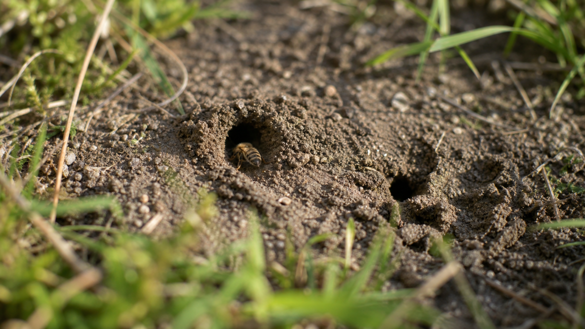 Petits trous dans la pelouse : reconnaître une abeille de terre et la distinguer d’une guêpe Abeille terre entrant dans un petit trou dans la pelouse