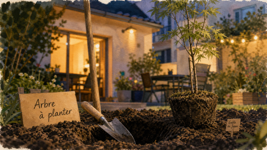 Arbre a planter : jeune arbre en motte près du trou