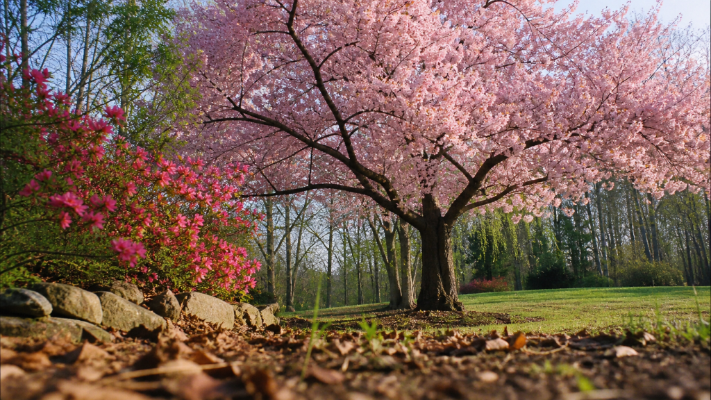 Arbre fleurs roses printemps : cerisier du Japon en floraison, weigelia rose