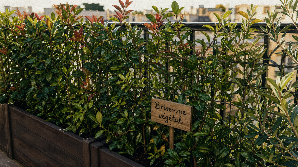Brise vue plante persistante en bac sur terrasse urbaine, feuillage dense