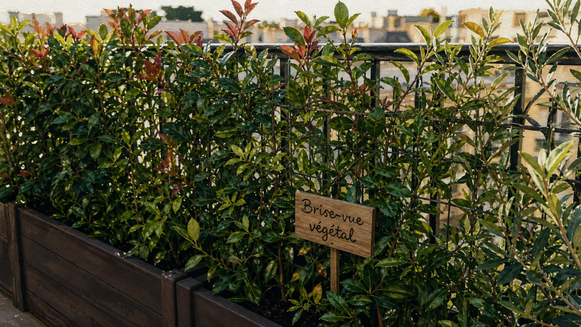 Brise-vue plante : persistant, grimpant ou bambou selon l’espace disponible Brise vue plante persistante en bac sur terrasse urbaine, feuillage dense