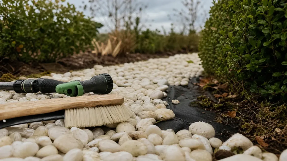 Comment nettoyer des cailloux blancs extérieur, brosse douce et eau sur galets blancs
