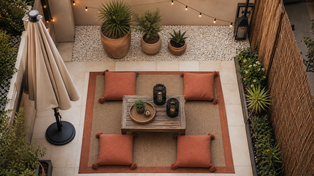 Déco jardin extérieur : table, lanternes noires et coussins terracotta