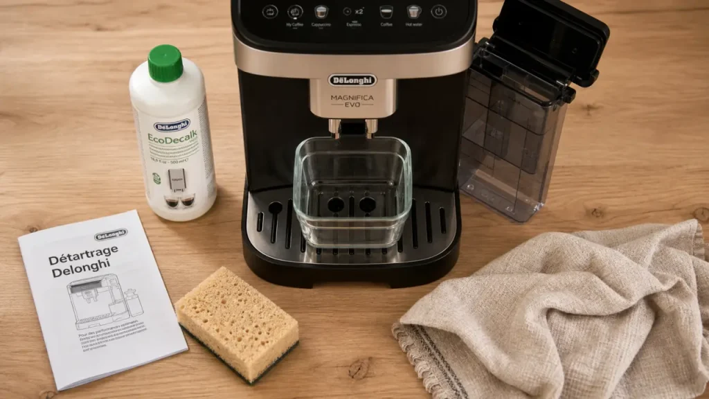 Détartrage machine à café delonghi : vue réservoir ouvert et détartrant