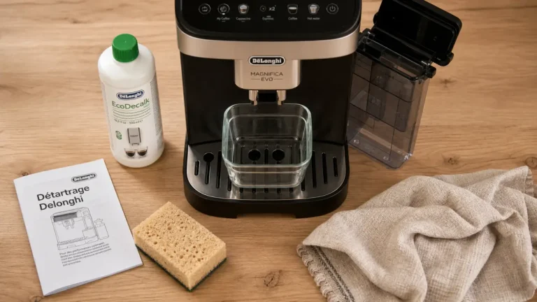 Tartre, fréquence, méthode : détartrer une machine à café Delonghi sans l’abîmer Détartrage machine à café delonghi : vue réservoir ouvert et détartrant